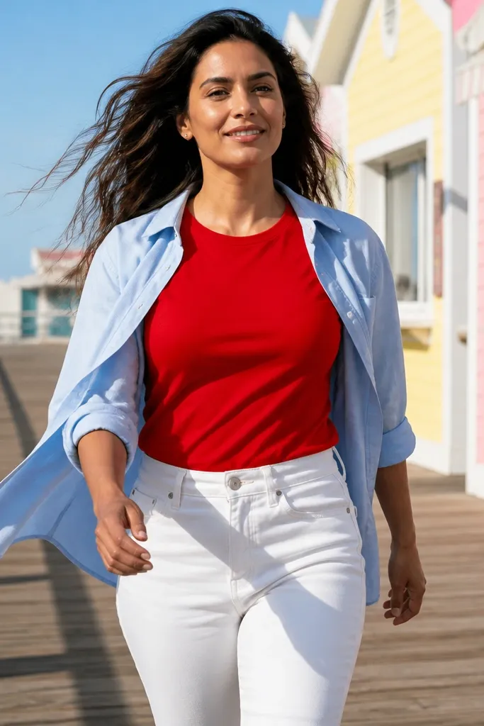 Red shirt with white jeans and a light blue overshirt
