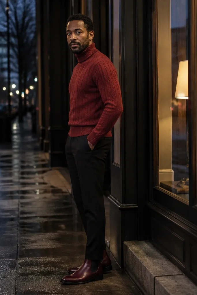 Red turtleneck with black trousers and burgundy leather boots