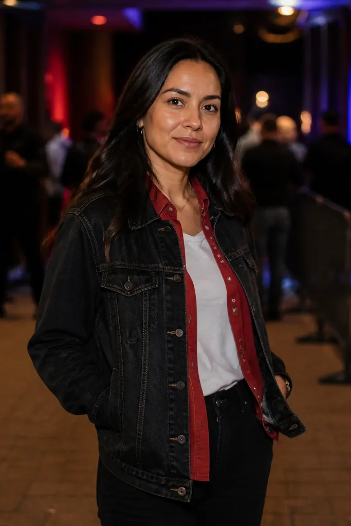 Red shirt worn over a white tee with dark denim jacket and black jeans