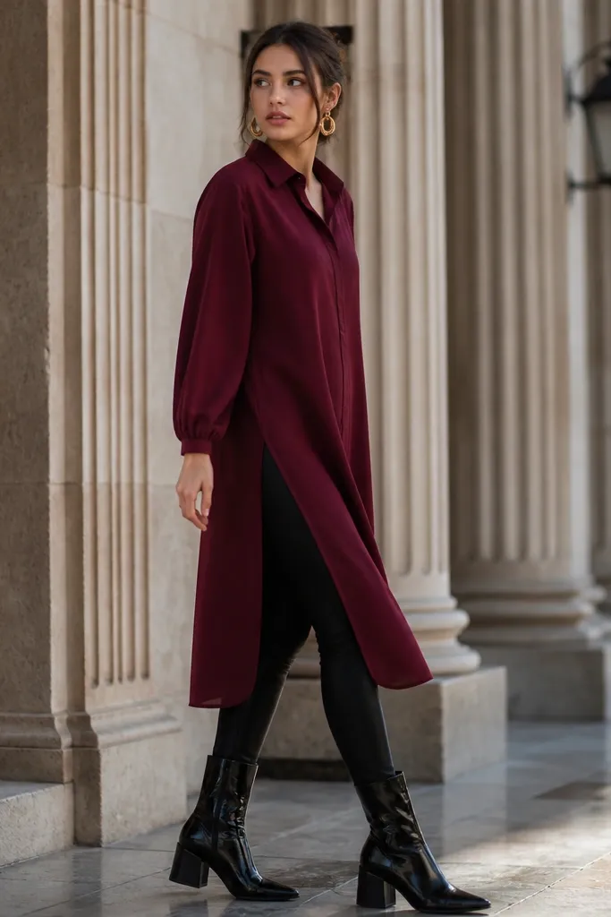 Wine long shirt over black leggings with shiny boots and gold earrings