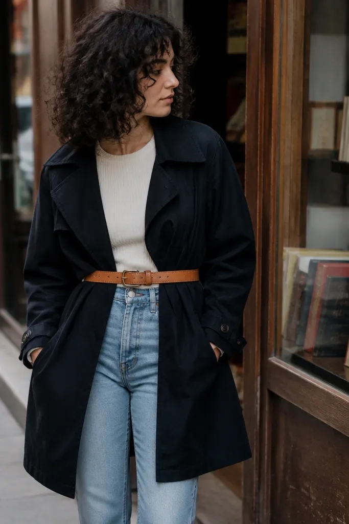 Cream ribbed tee with light-wash straight jeans, tan belt, and tan boots under a black trench coat