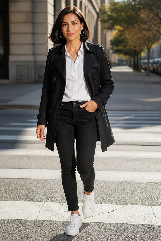 White button-up over black skinny jeans with silver hoop earrings and white sneakers under a black trench