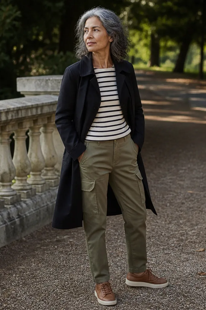 Striped breton top with olive cargo pants, brown sneakers, and a black trench coat