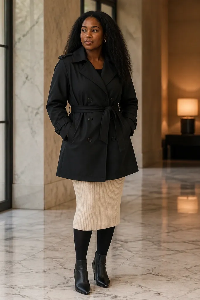 Cream knit midi skirt with black tights, ankle boots, and a black trench coat