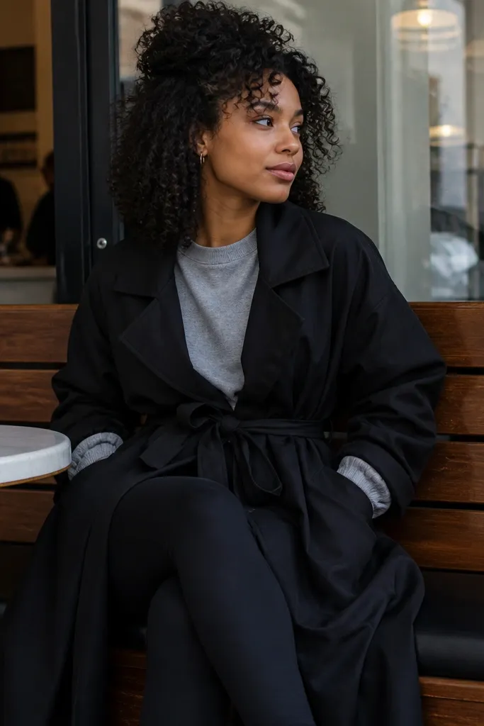 Gray sweatshirt with black leggings and a belt-tied black trench coat with clean sneakers