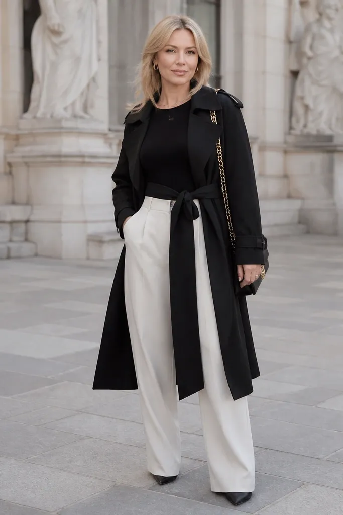 Black bodysuit with white straight trousers, gold chain bag, and a black trench coat