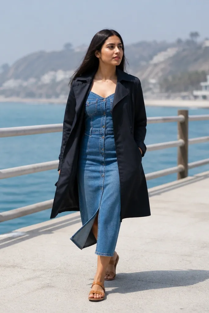 Denim midi dress under a black trench coat with tan sandals and a slim belt