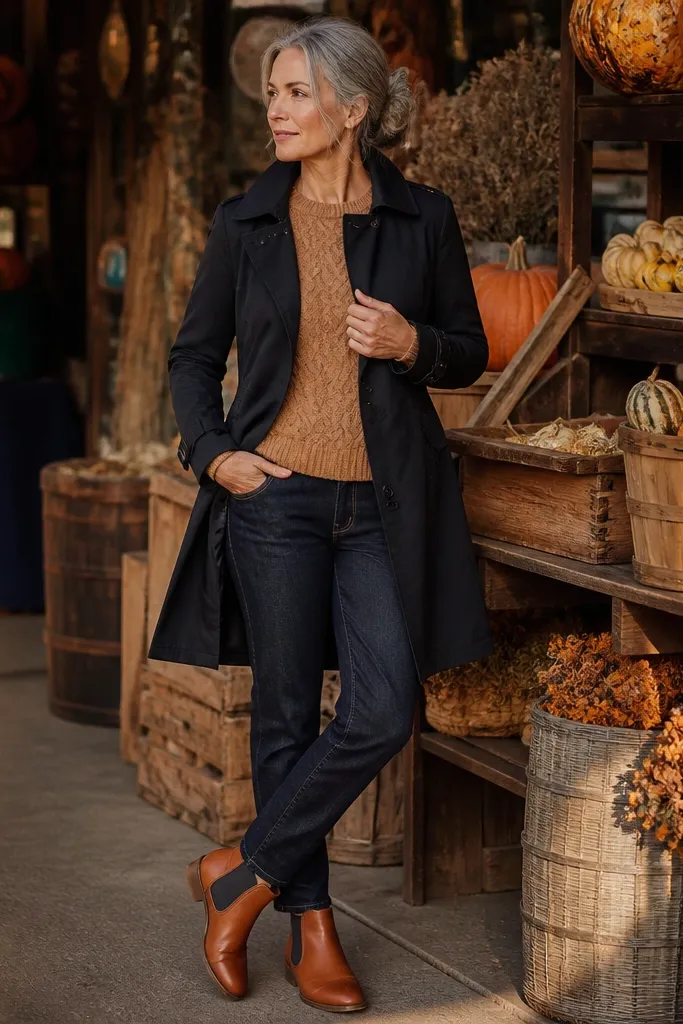 Camel knit sweater with dark-wash jeans and cognac Chelsea boots under a black trench coat