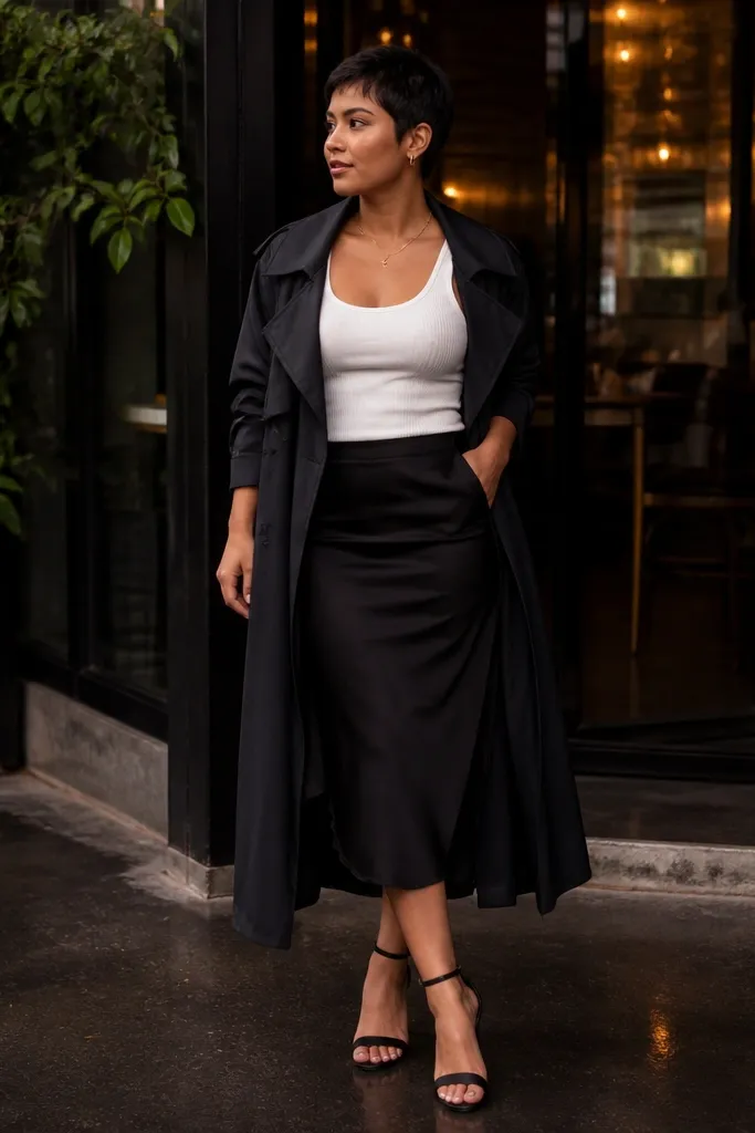 Black slip skirt with ribbed white tank and ankle-strap heels under a black trench coat