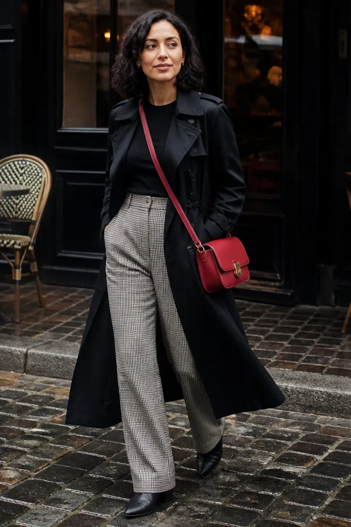 Black tee with checkered trousers and a red crossbody bag under a black trench coat