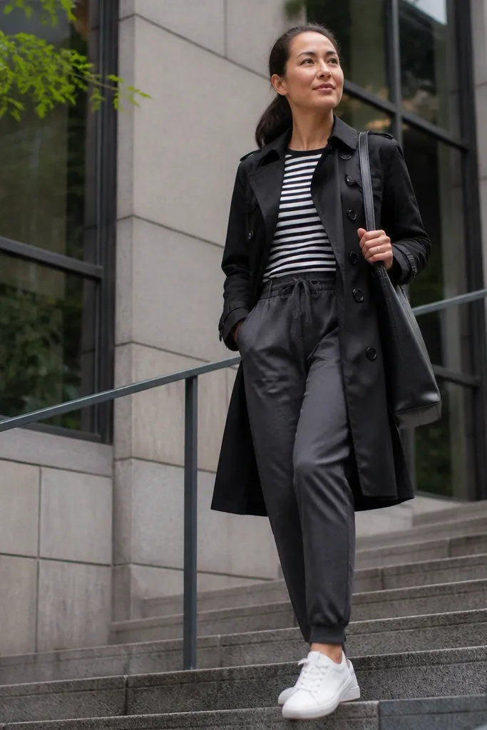 Striped long-sleeve top with charcoal joggers and white sneakers under a black trench coat