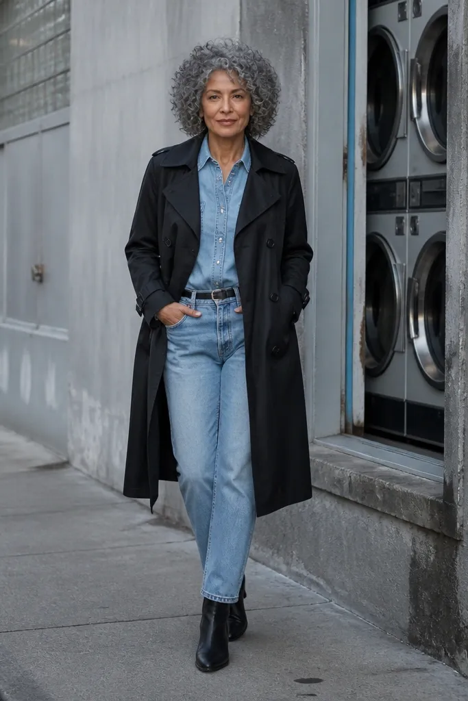 Light chambray shirt with light denim jeans under a black trench coat