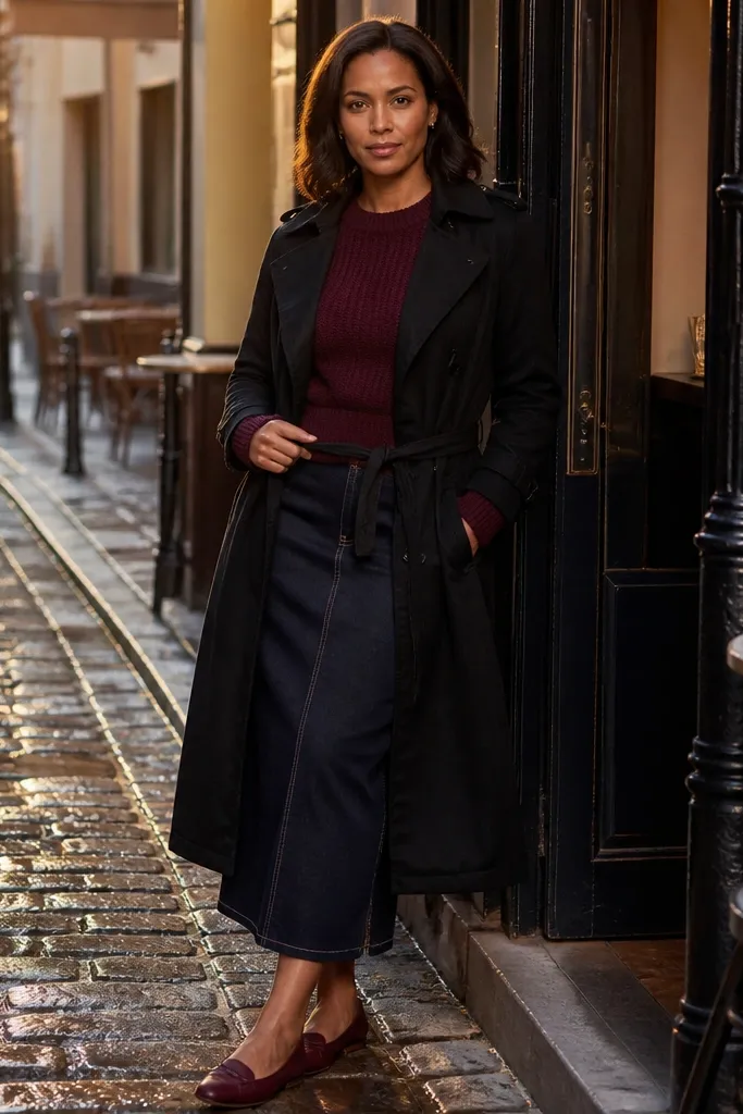 Burgundy sweater with dark denim skirt and burgundy flats under a black trench coat