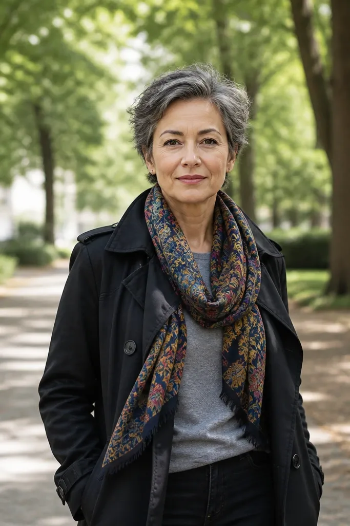 Gray tee and black jeans with a patterned scarf and black trench coat