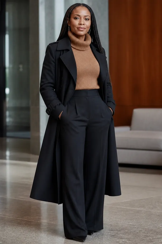 Camel turtleneck with black wide-leg pants under a black trench coat