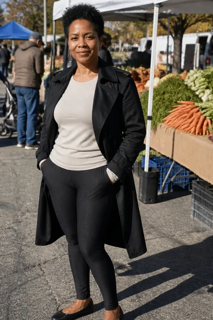 Oatmeal long-sleeve shirt with textured black leggings and black flats under a black trench coat