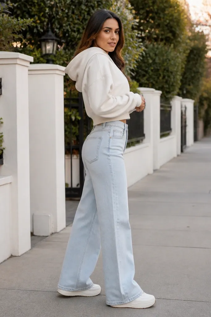 Cream cropped hoodie with high-waist wide-leg light denim and white sneakers