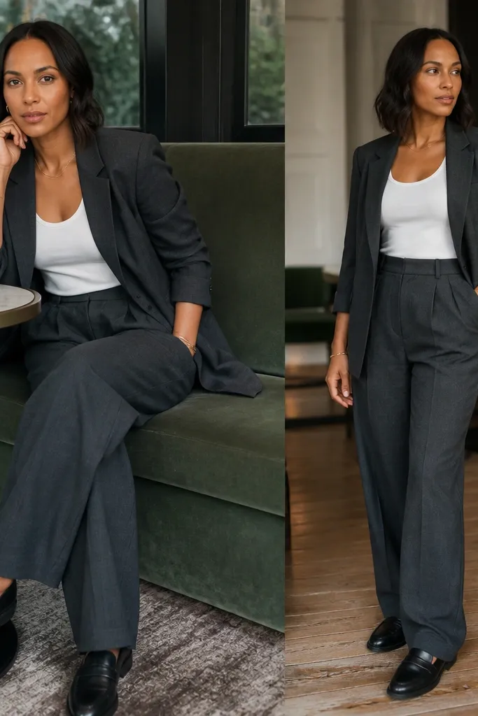 Charcoal baggy trousers with a white tank and a short black blazer