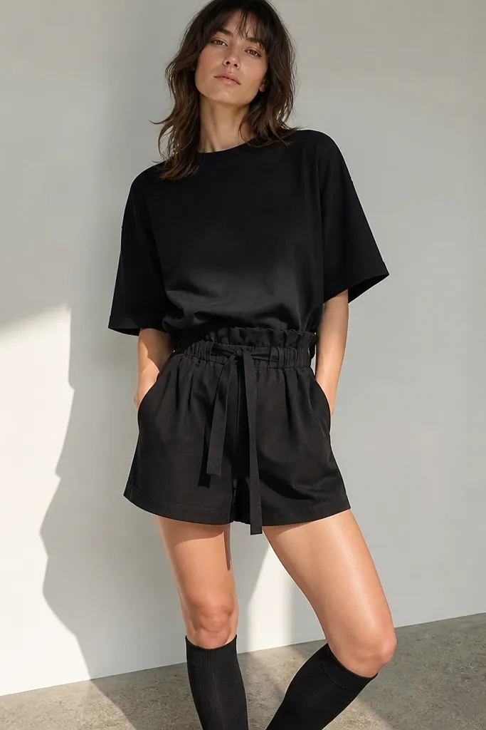 Black oversized tee with paperbag shorts and black tall socks