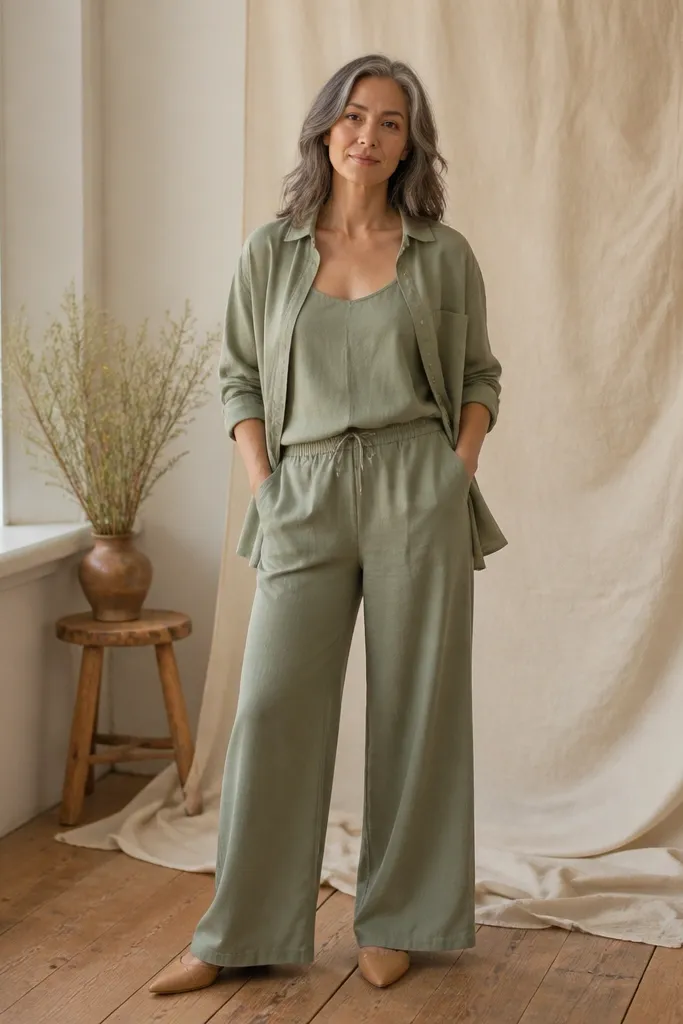 Sage open button-down over a fitted top with wide-leg matching pants