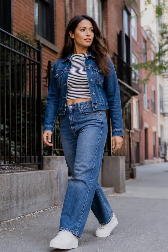 Light denim jacket over striped baby tee with relaxed straight jeans