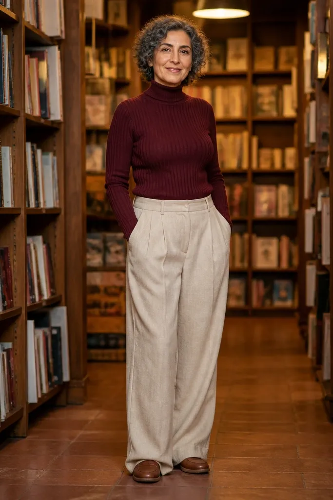 Burgundy turtleneck with oatmeal baggy trousers and brown loafers