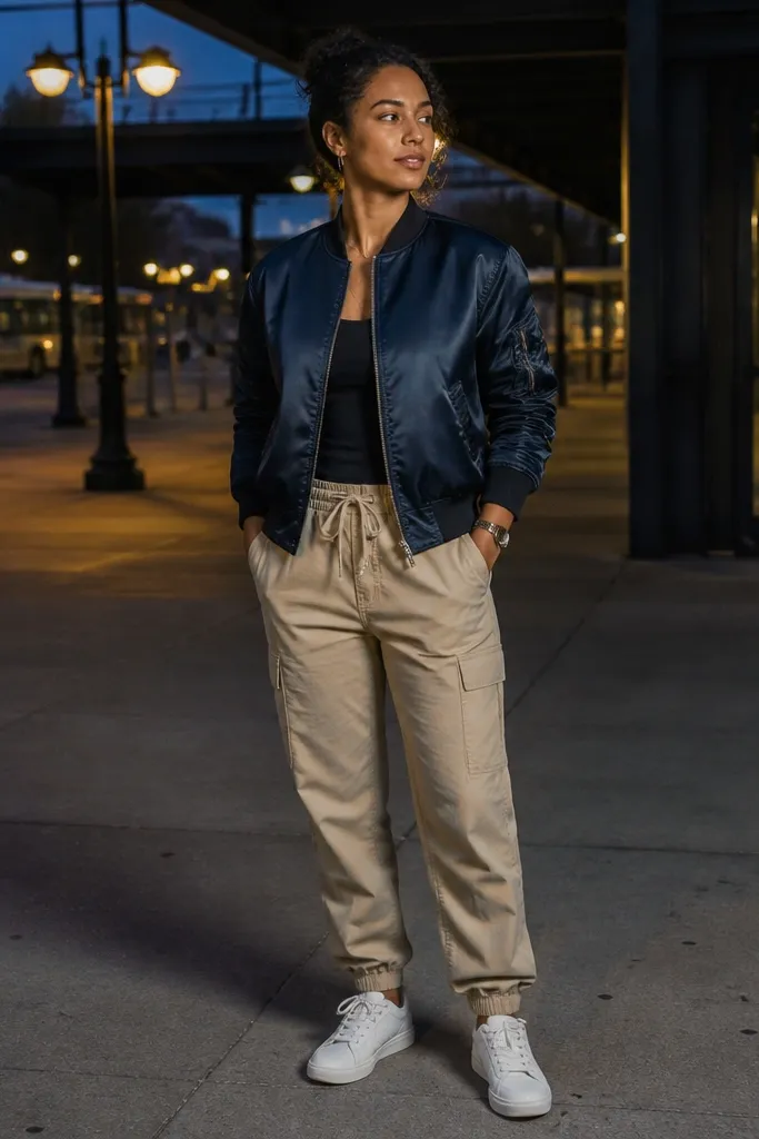 Navy satin bomber over a fitted top with beige drawstring cargo pants
