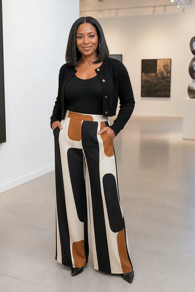 Black ribbed bodysuit with wide-leg printed pants and cropped cardigan