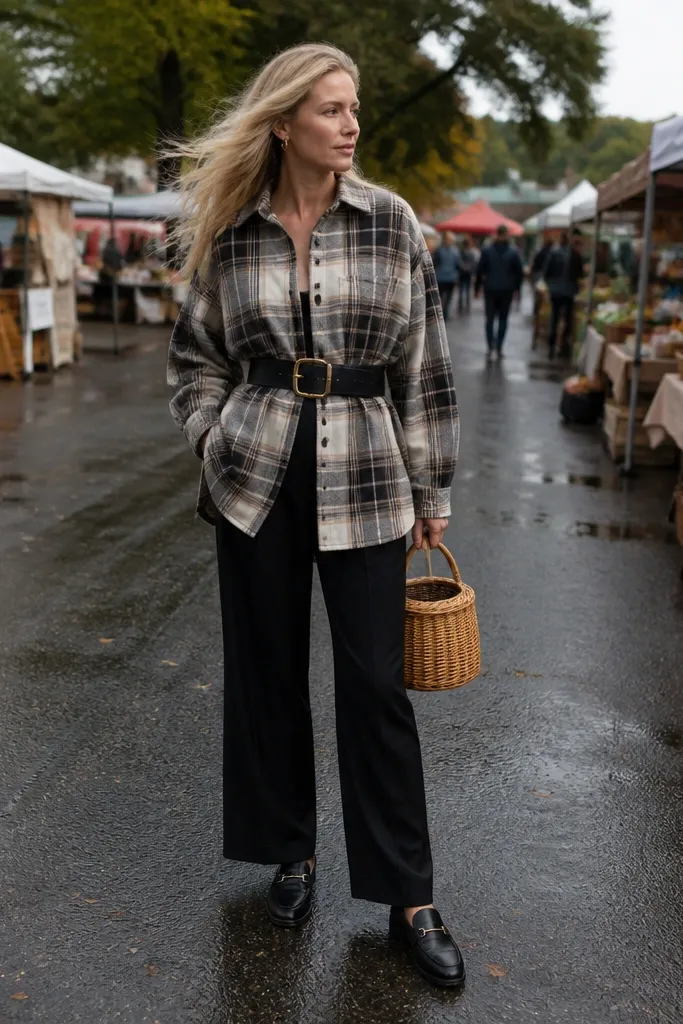 Oversized plaid shirt over black wide-leg trousers with a slim belt