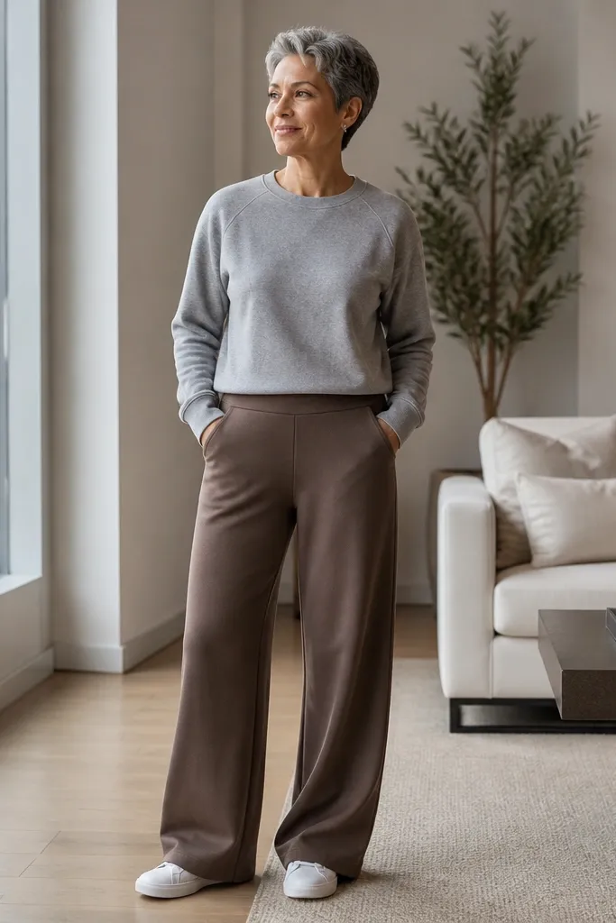 Heather gray crewneck with mocha wide-leg sweatpants and white low sneakers