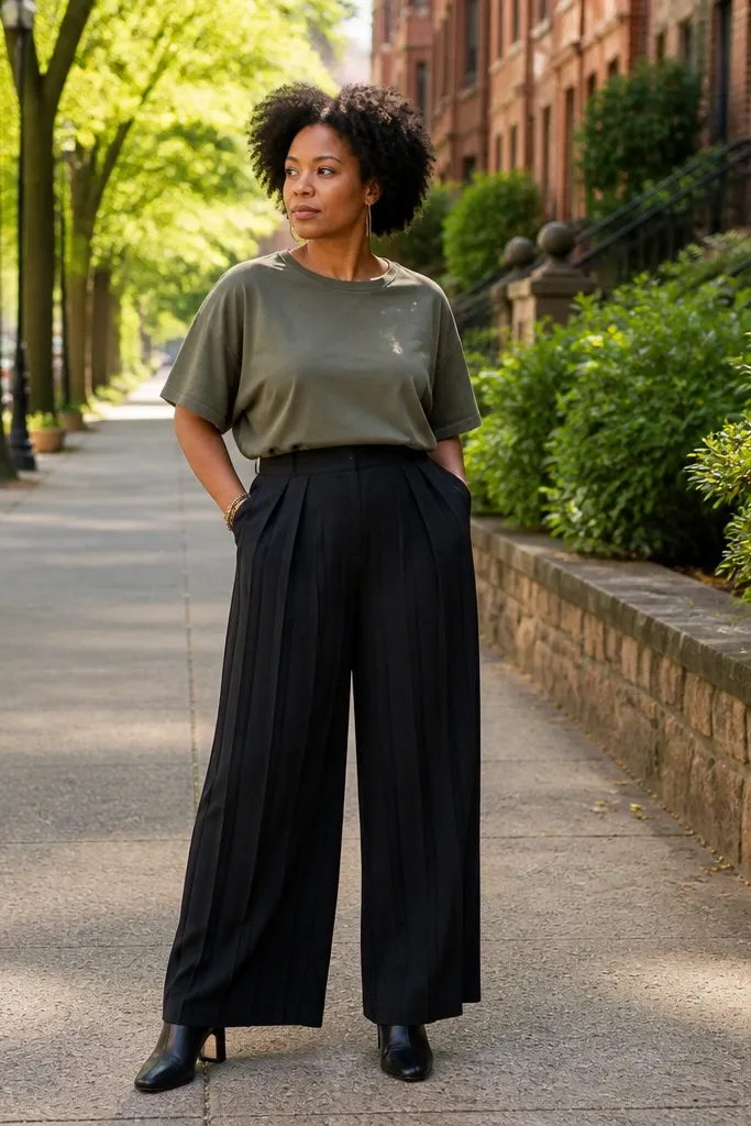 Olive oversized tee tucked into black pleated wide-leg trousers