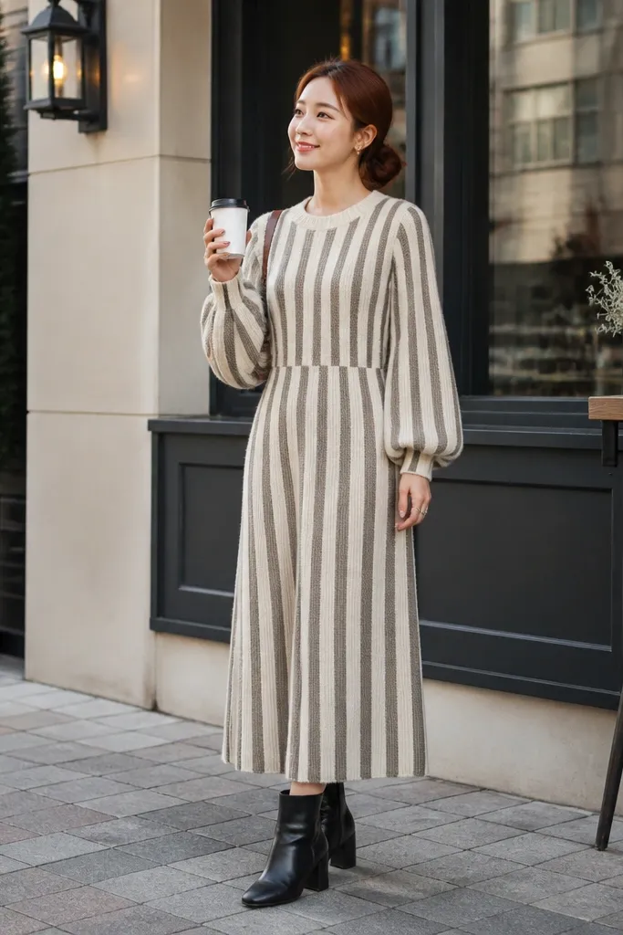Striped knit dress with loose sleeves and ankle boots