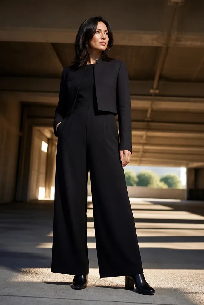 Black wide-leg jumpsuit with a cropped jacket and sleek flats
