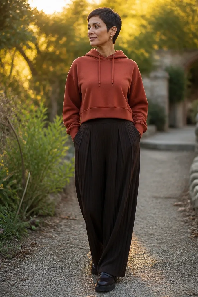 Rust hoodie with dark brown pleated wide-leg pants and brown boots