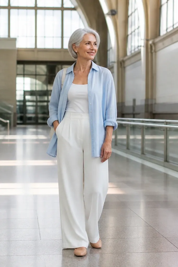 Sky blue oversized button-down over white wide-leg pants with nude flats