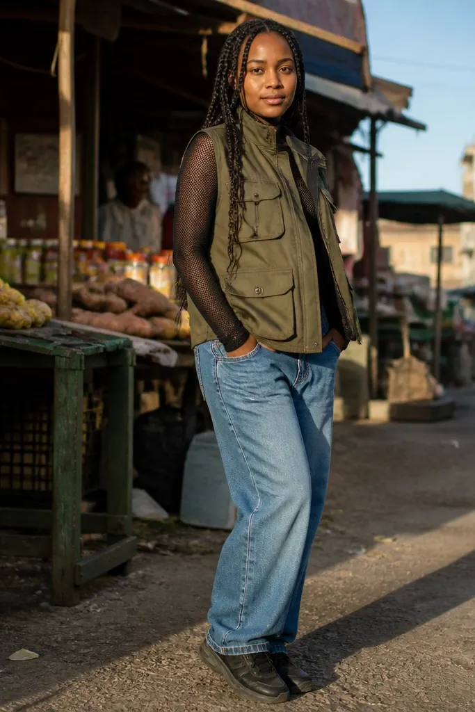 Black long-sleeve top under an olive utility vest with baggy jeans