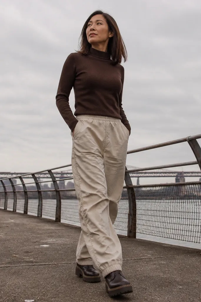 Chocolate mock-neck top with oat parachute pants and chunky clogs