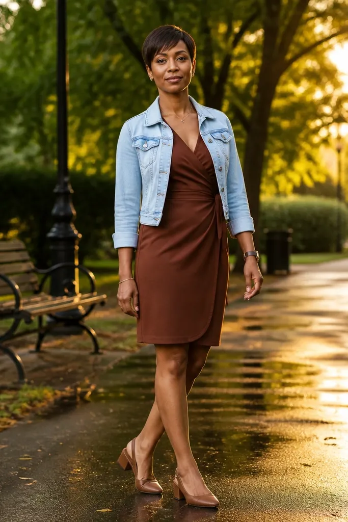 Cocoa wrap dress with a cropped light denim jacket and tan slingback heels