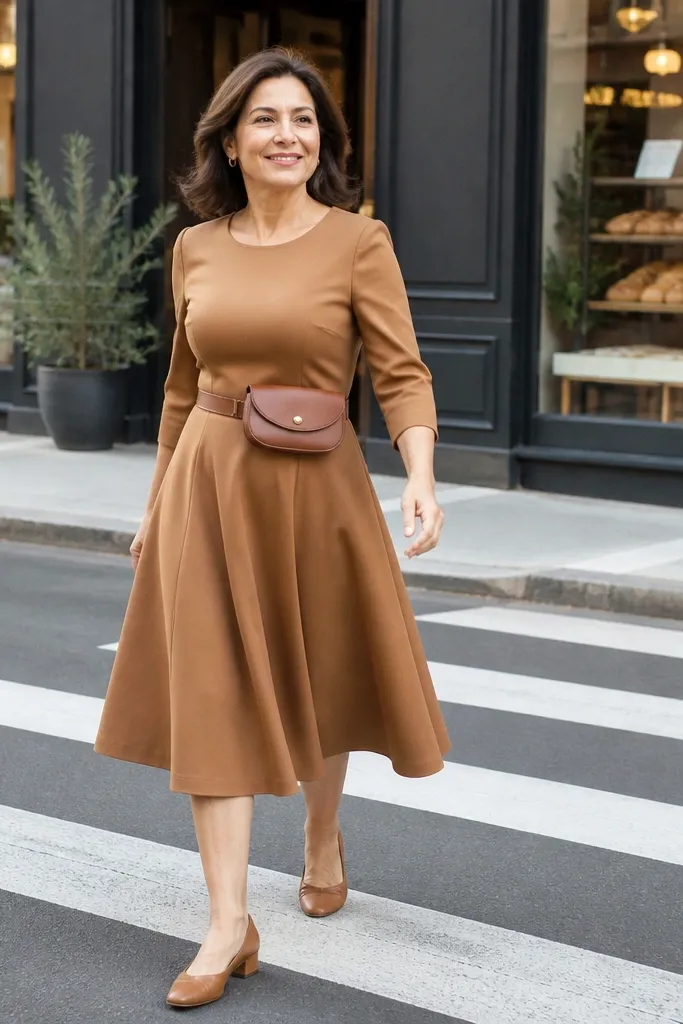 Caramel fit-and-flare dress with a belt bag and low block heels