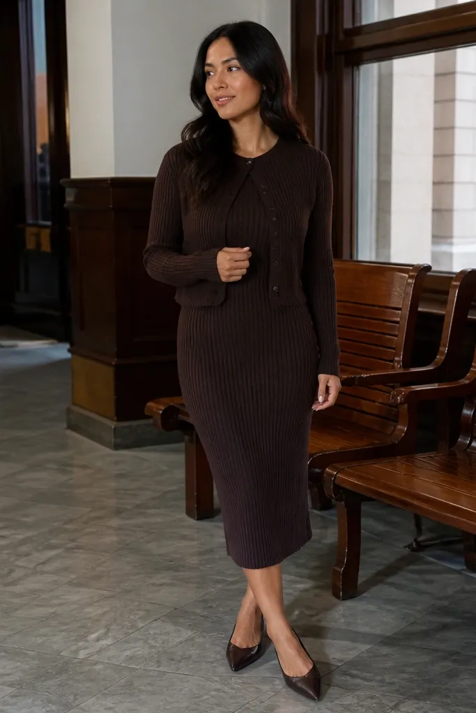 Chocolate ribbed dress with a cropped cardigan and pointed flats