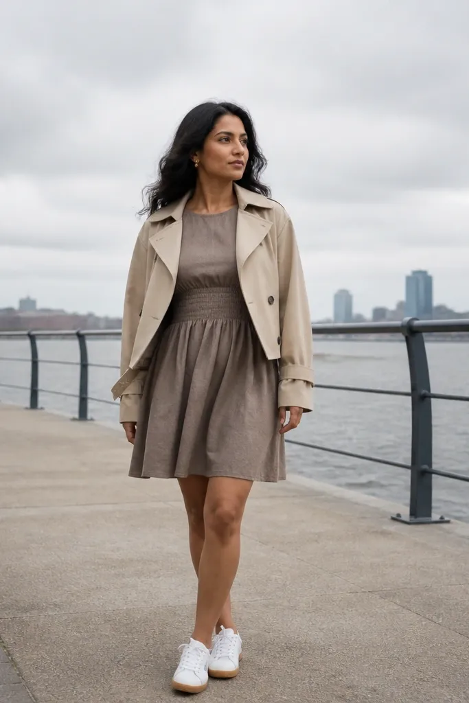Mocha smocked waist dress with a short trench jacket and white sneakers