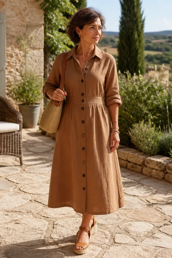 Caramel linen button-front dress with rolled sleeves and tan espadrilles