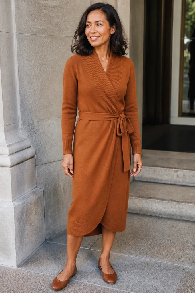 Cinnamon wrap cardigan dress with matching brown shoes
