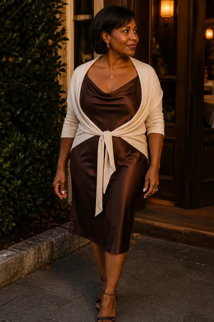 Chocolate satin slip dress with a light cardigan wrap and strappy heels