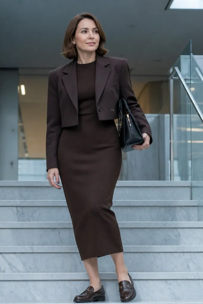 Chocolate long-sleeve bodycon dress with a cropped blazer and loafers