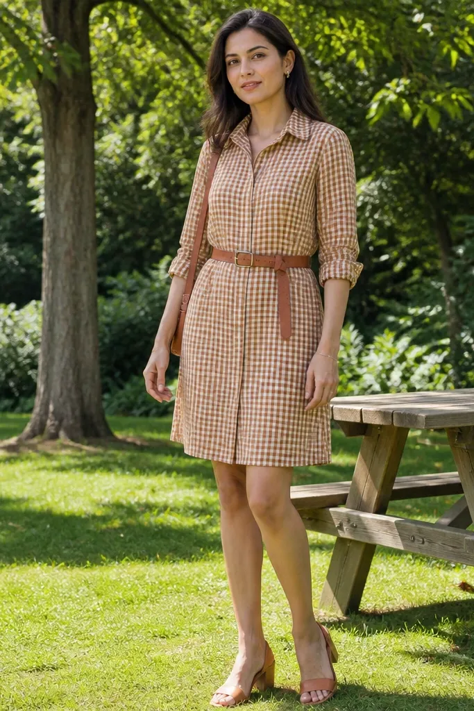 Caramel gingham shirt dress with a rolled belt and low heels