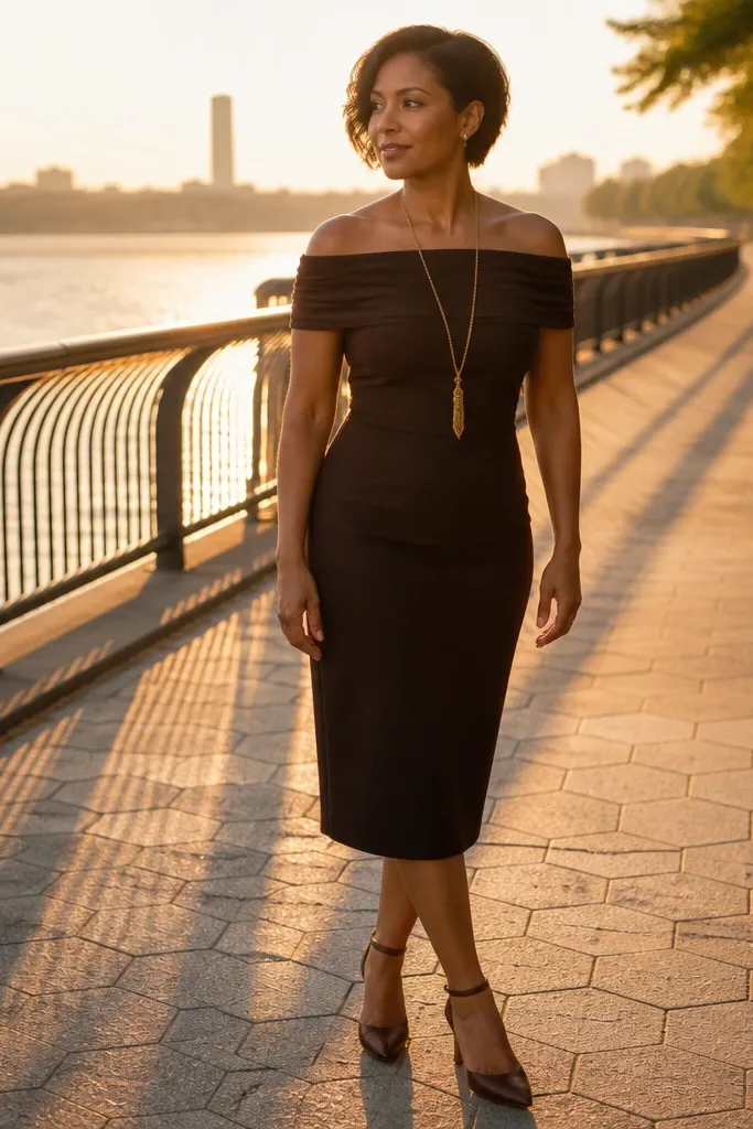 Dark chocolate off-shoulder dress with a long pendant necklace