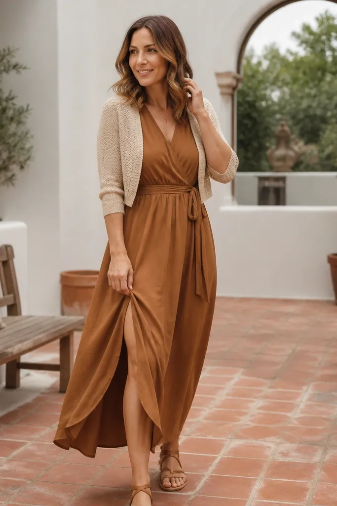 Caramel wrap maxi dress with a side slit and cropped cardigan