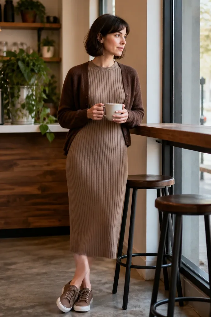 Oatmeal ribbed midi dress with a cocoa cardigan and brown leather sneakers