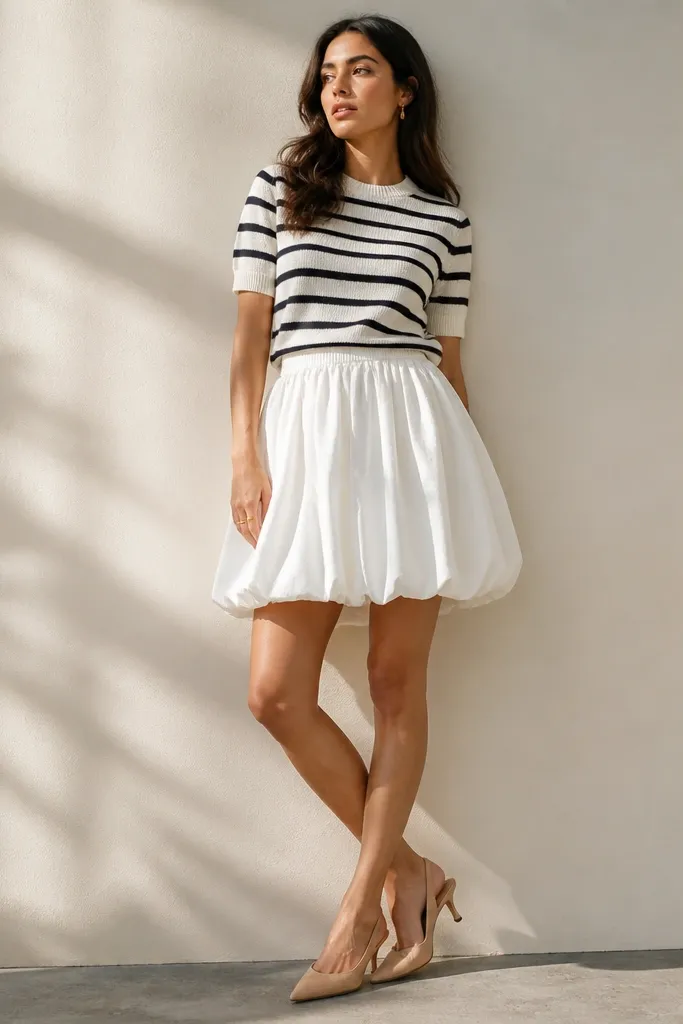 Striped knit top with a white bubble skirt and nude slingback heels